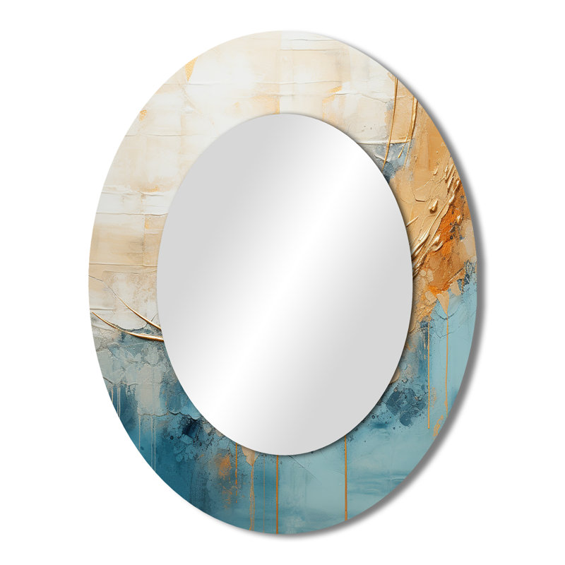 Gold And Blue Paint Fusion I - Abstract Oval Decorative Mirror On Metal, 43" x 33"