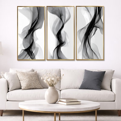 Galaxy Majestic, encre liquide noire et grise - reproduction abstraite sur toile encadrée 3 pièces