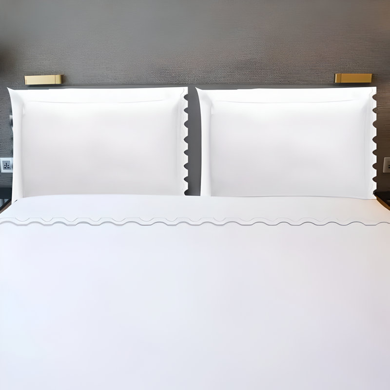 400TC Zig & Zag U Shape Scallop Embroidery Cotton 4 Piece Sheet Set Fitted Sheet Fits Upto 16" Deep Pocket, Light Gray/White