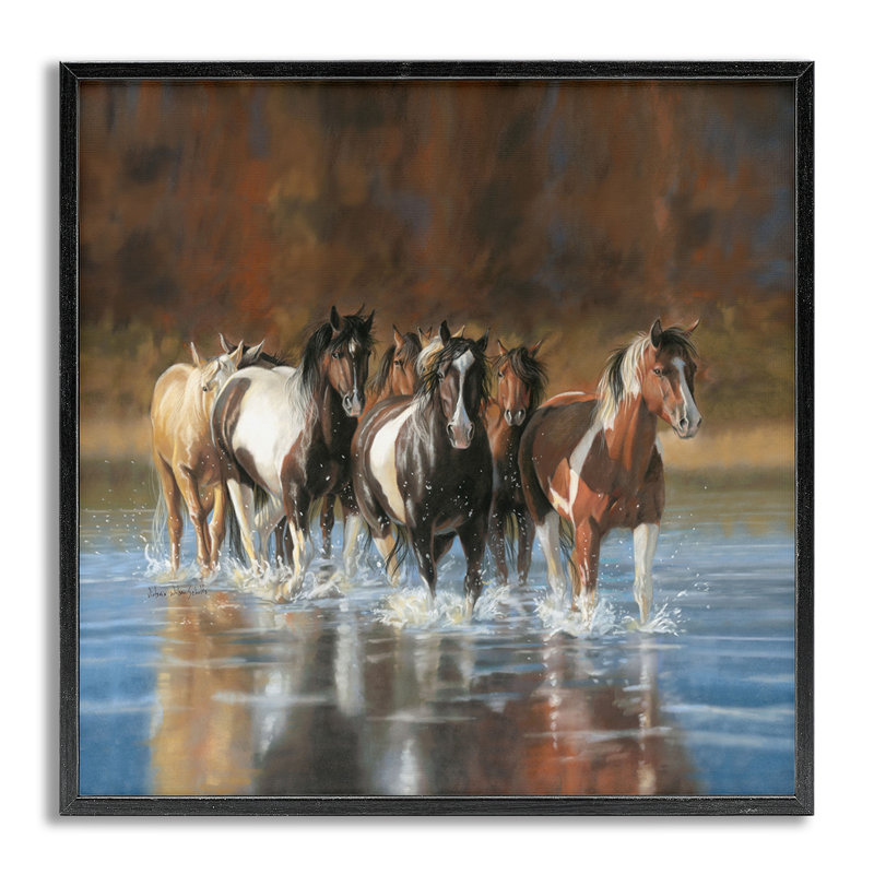 Rivière et chevaux, art de paysage par Victoria Schultz, Estampe numérique Farmhouse, H 12 po x l 12 po