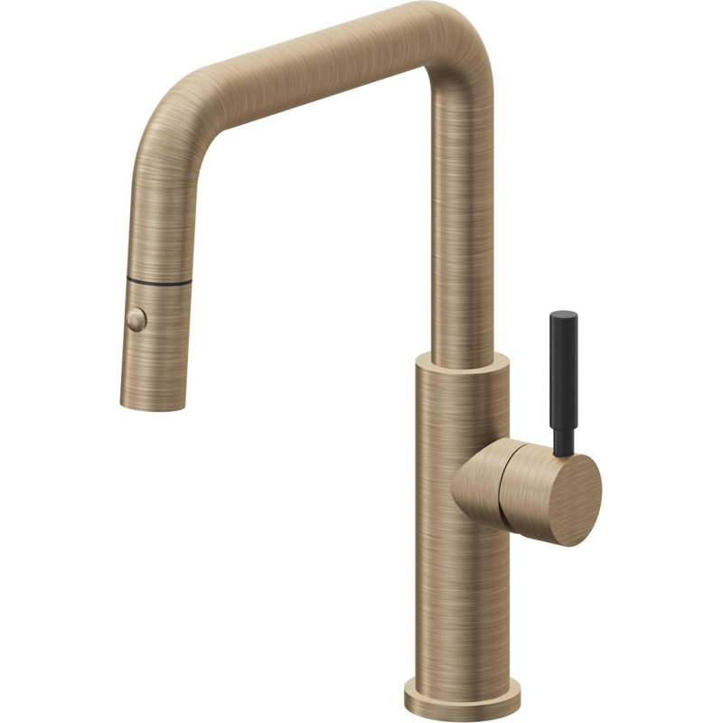 Corsano Contemporary Pull Down Kitchen Faucet with Button Sprayer Quad Spout and BST Series Handle, Antique Brass Flat