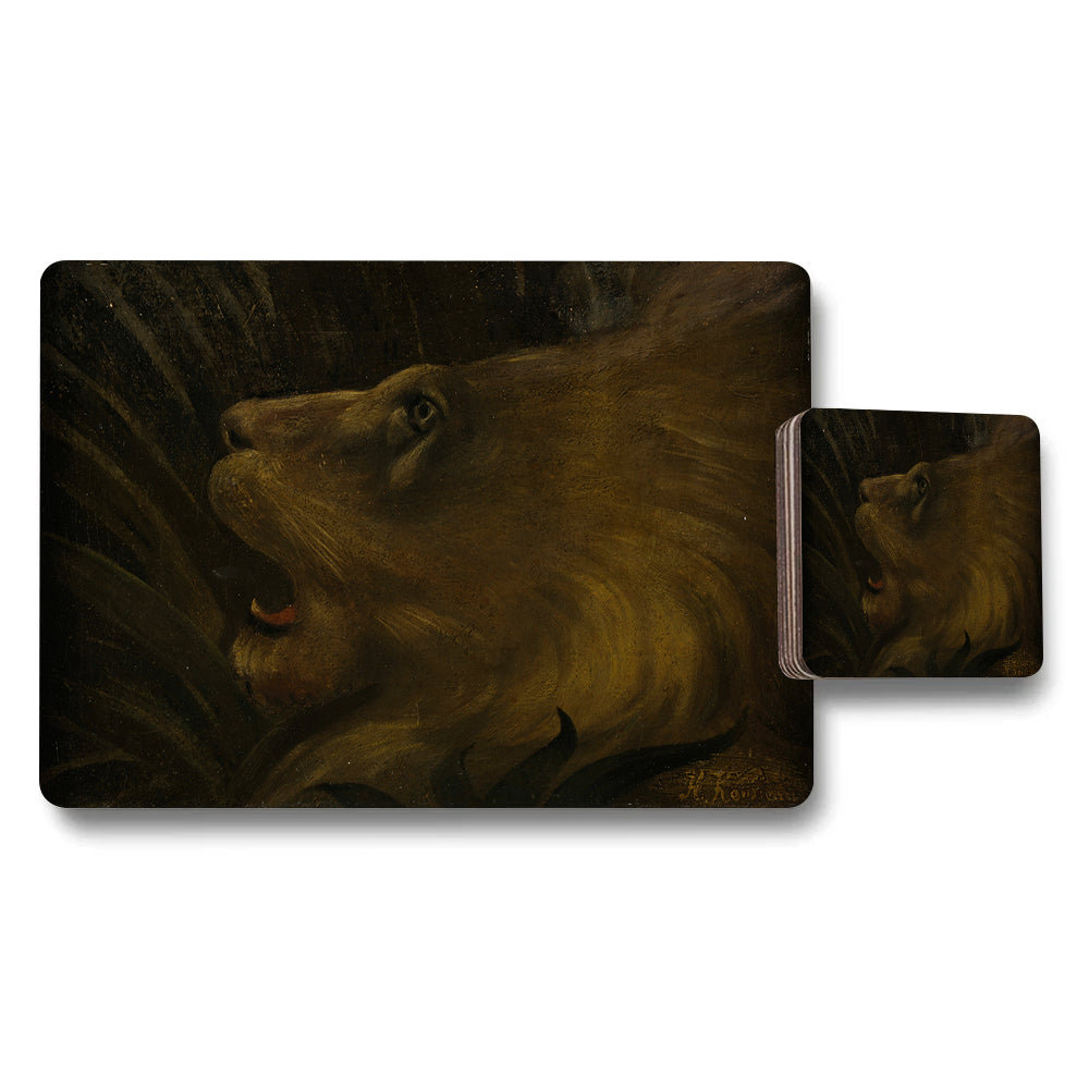 Lion Themed Placemat And Coaster Set With Dark Artwork