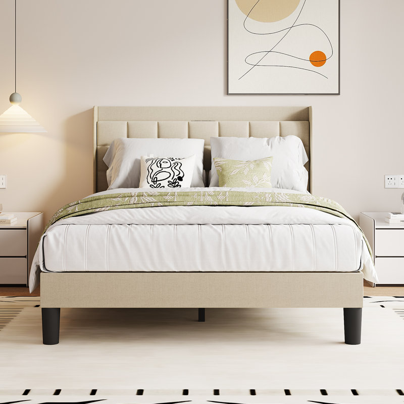 Linen fabric soft bed frame with USB charging port, Beige, Double (4'6)