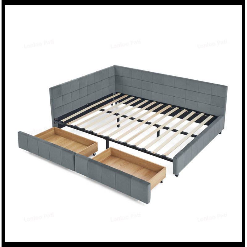 Queen Size Storage Upholstered Tufted Bed Frame with Comfortable Backrest and Armrests, Velvet Sofa Bed for Bedroom and Living Room
