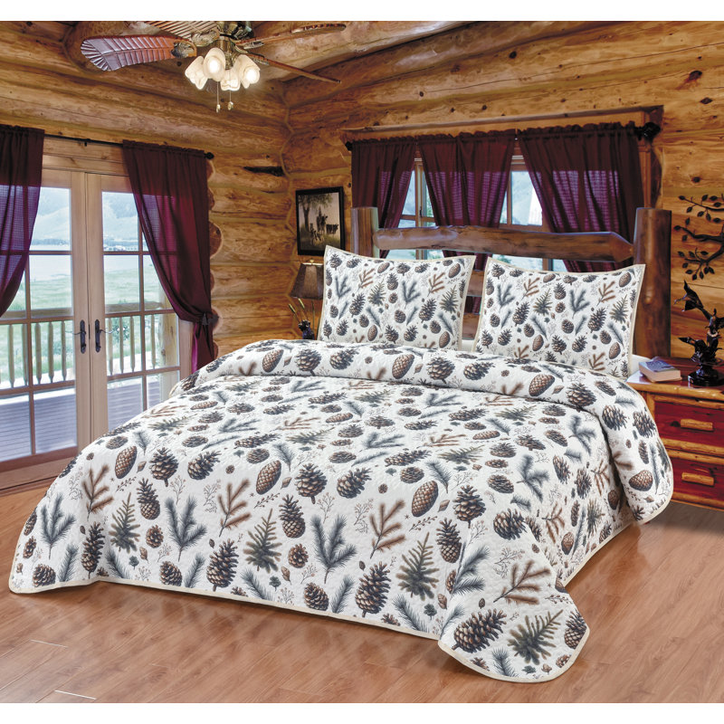 Evergreen Harmony Wood Forest Pinecone Tree Lodge Cabin Decorative Quilt Bedding Set, King Quilt  + 2 King Shams