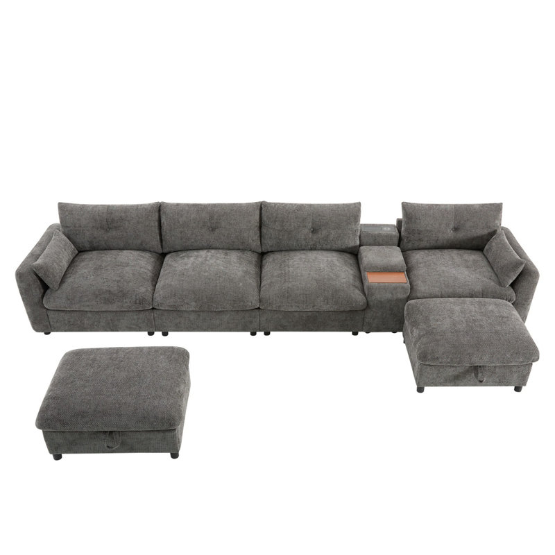 Modular Sectional Sofa with Movable Storage Ottoman and Console, Grey Chenille