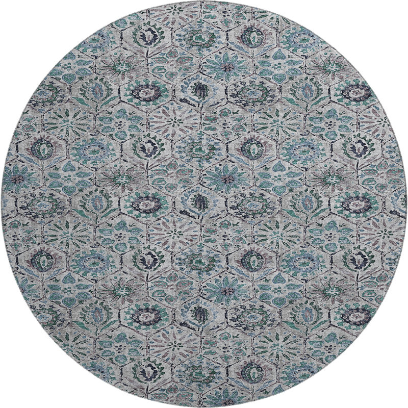 Premium Machine Washable Ralston AMF1938 Floral Rug, Round 8'