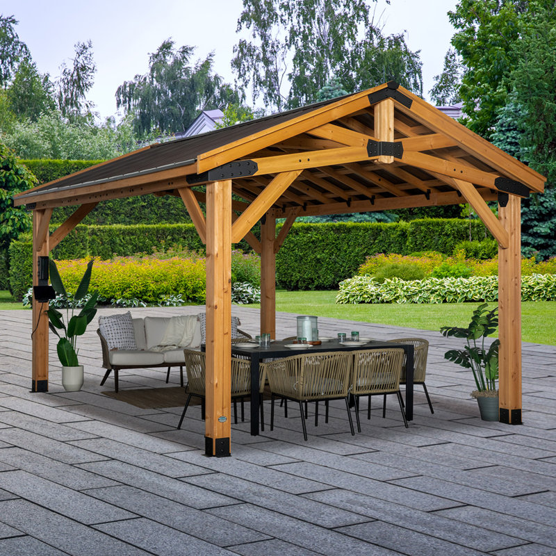 Backyard Discovery Norwood 16' x 12' Cedar Wood Outdoor Patio Gazebo with Hardtop Galvanized Steel Peak Roof and PowerPort