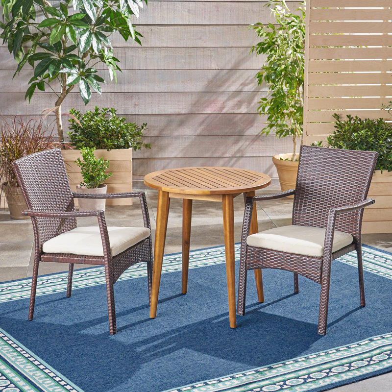 Ensemble bistro d'extérieur 3 pièces avec coussins, Teck / Cadre brun / Coussin crème