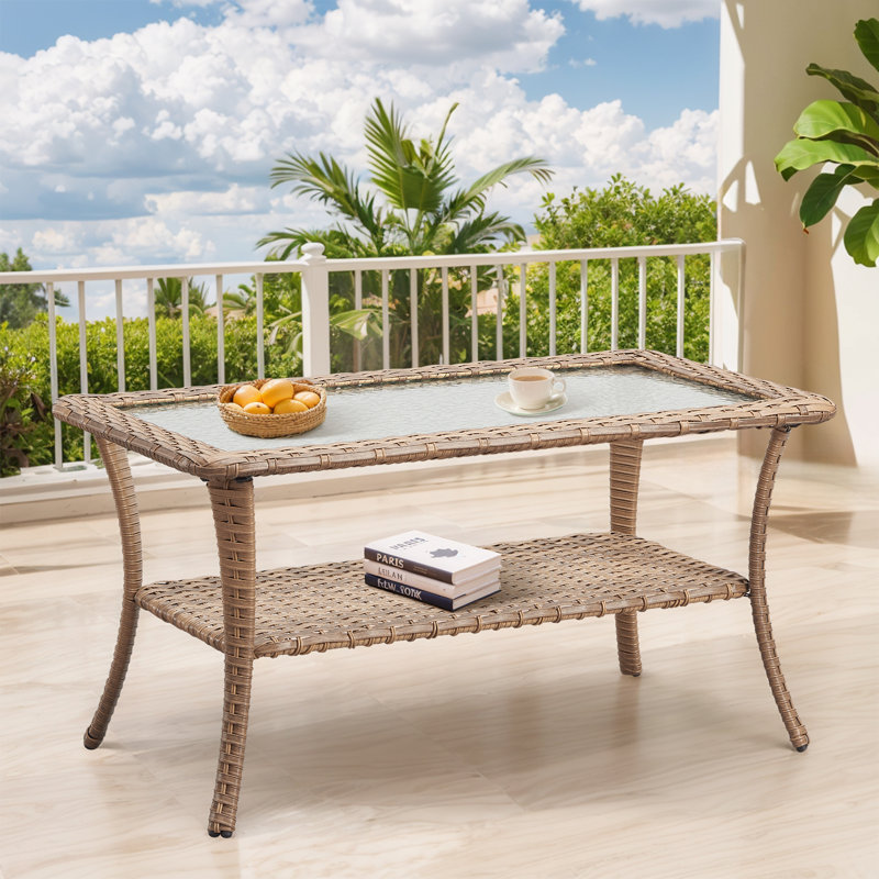 Patio Rattan Wicker Coffee Table with Tempered Glass Top and 2-Tier Storage Outdoor Table for Deck Porch Balcony Garden