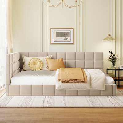 Full Size Upholstered Daybed/ In Beige Velvet - Mid-Century Style, Suits Bedroom, With Extra Support Slats Bed Frame Modern Classic Enhances Home ,