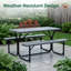 Ensemble de table de pique-nique gris avec bancs, table de salle à manger en plastique grain de bois avec structure en métal robuste, table de pique-nique de jardin pour tous les espaces extérieurs, 6 personnes