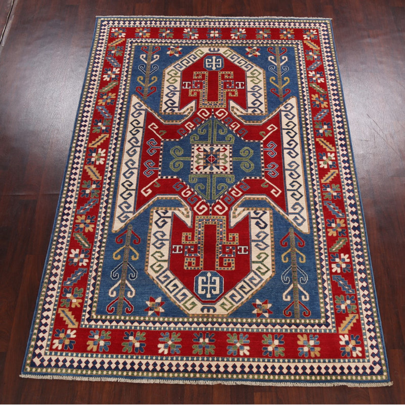 Tapis bleu noué à la main de conception unique 6 pi 6 po x 9 pi 8 po