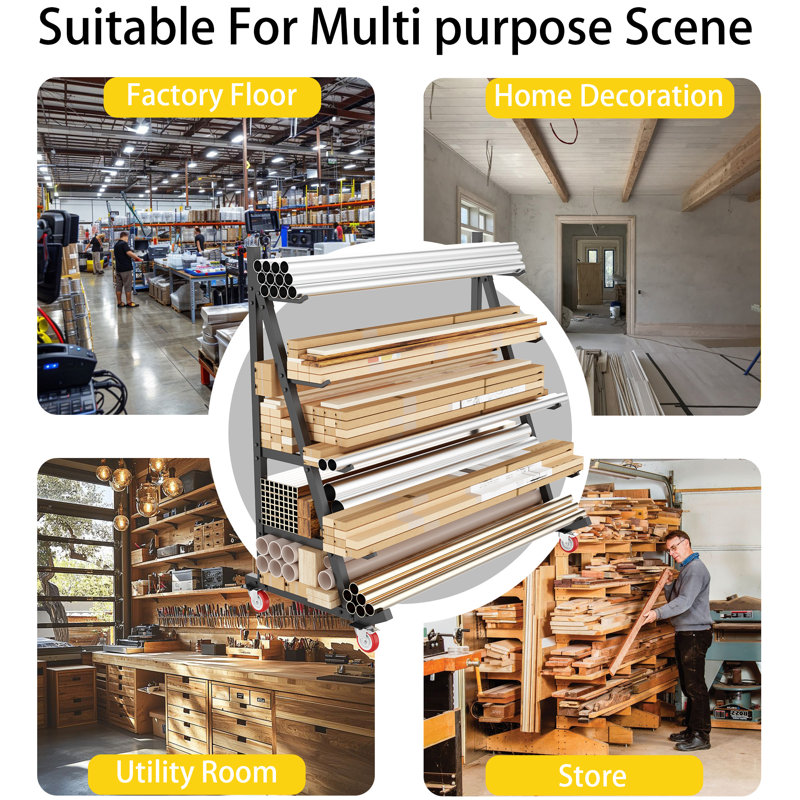 Support de rangement robuste en bois d'œuvre, tuyau en acier allié horizontal et support en bois avec roues - organisateur d'atelier de garage mobile à 5 niveaux (l 50 po x P 25,6 po x H 63 po)