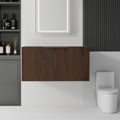 Meuble-lavabo flottant 36 po, contreplaqué, portes doubles à fermeture douce, rangement intérieur spacieux, fixation murale, armoire seulement, lavabo non inclus, brun