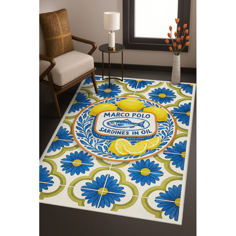 Tapis bleu tissé lavable rétro Mosso, 3'11" x 5'11"