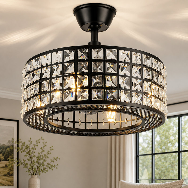 18-Inch Modern Glam Crystal Ceiling Fan with Light – 3-Speed Luxury Home Decor , Matte Black