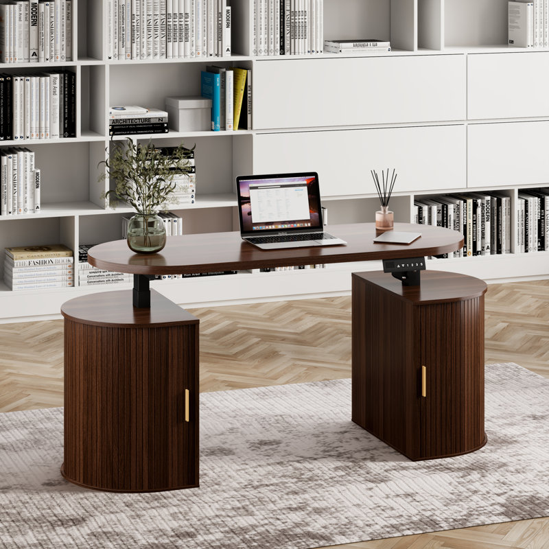 63'' Electric Standing Desk With Storage, Height Adjustable Computer Desk With Sliding Tambour Door For Home Office, Walnut