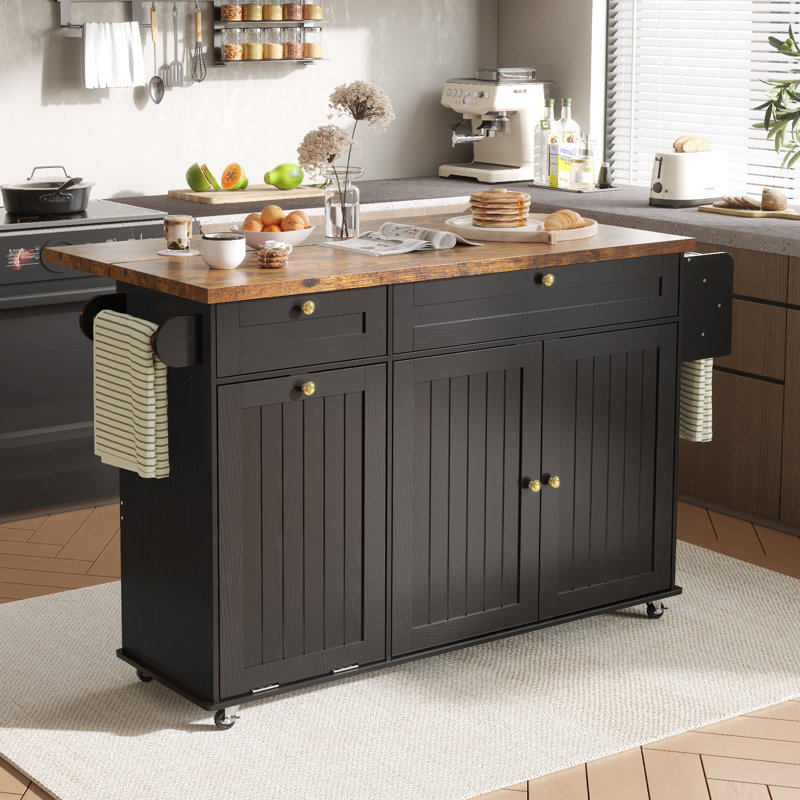 Jamera 60.2"W Kitchen Island with Two Large Storage Cabinets And Drawers, Locking Wheels, Rustic Brown/Black