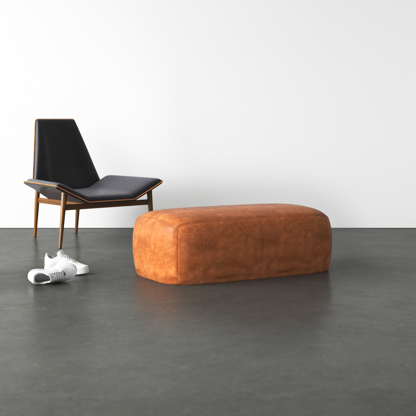 Denver Full-Grain Genuine Italian Leather Ottoman, Cognac Tan