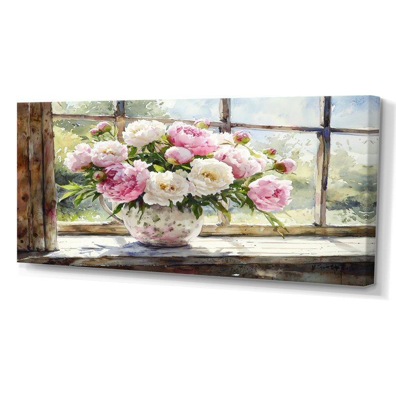 Art mural rustique avec pivoines II - pivoines, H 28 po x l 60 po, Toile tendue