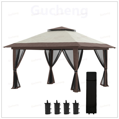 Pavillon de jardin escamotable avec filet, abri de tente à auvent instantané avec toit à 2 niveaux, sac de transport à roulettes et sacs de musculation pour l'extérieur