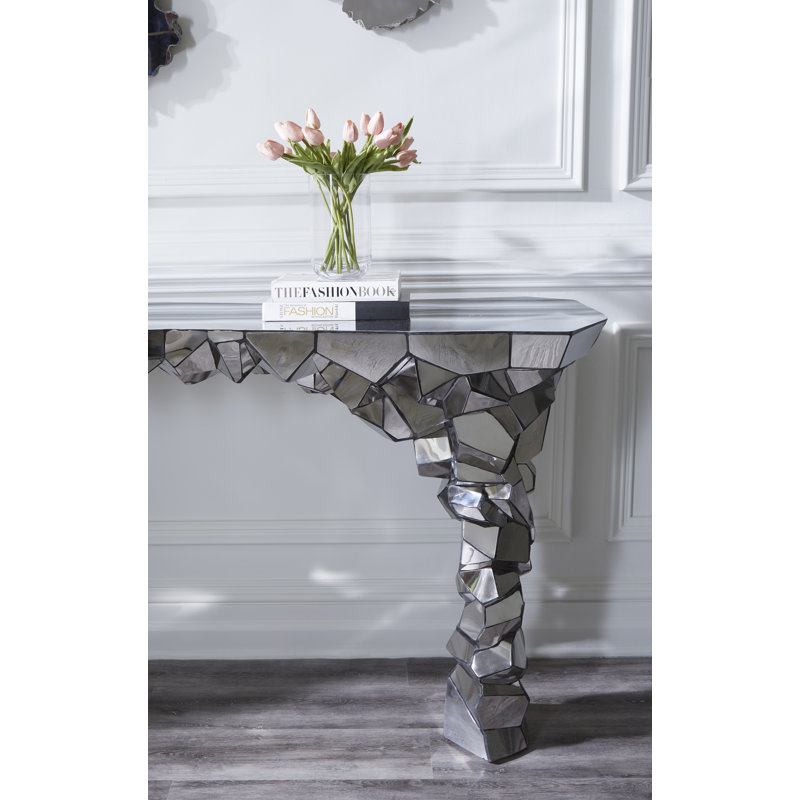 Silver Glass and Metal Rectangular Console Table with Storage