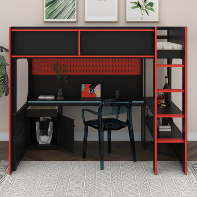 Lit mezzanine avec bureau et rangement, lit mezzanine de jeu avec tablettes, lumières DEL, panneau perforé, cadre de lit en bois avec station de charge