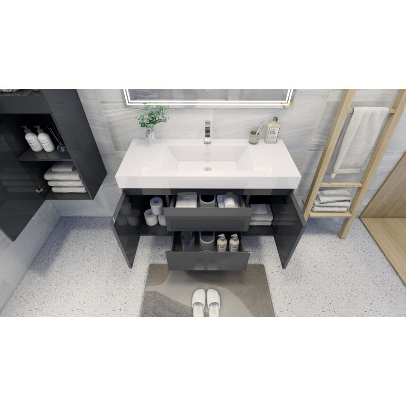 Ensemble de meuble-lavabo de salle de bain simple fixé au mur 47 po Leni, Gris à haute brillance