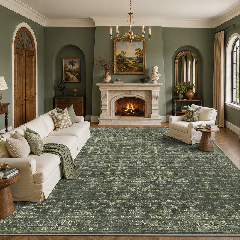 Vintage Boho Area Rug - Washable Non Slip Low Pile Rug, Rectangle 10' x 14', Dark Green