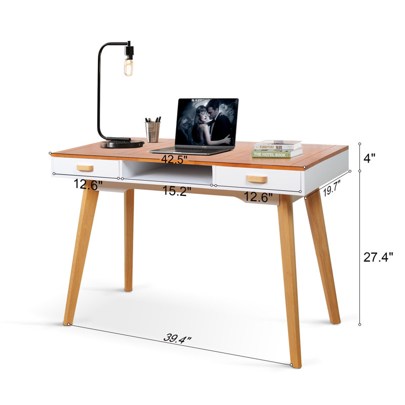 Elegant Modern Writing Desk With And Drawers - Natural Wood & White Finish