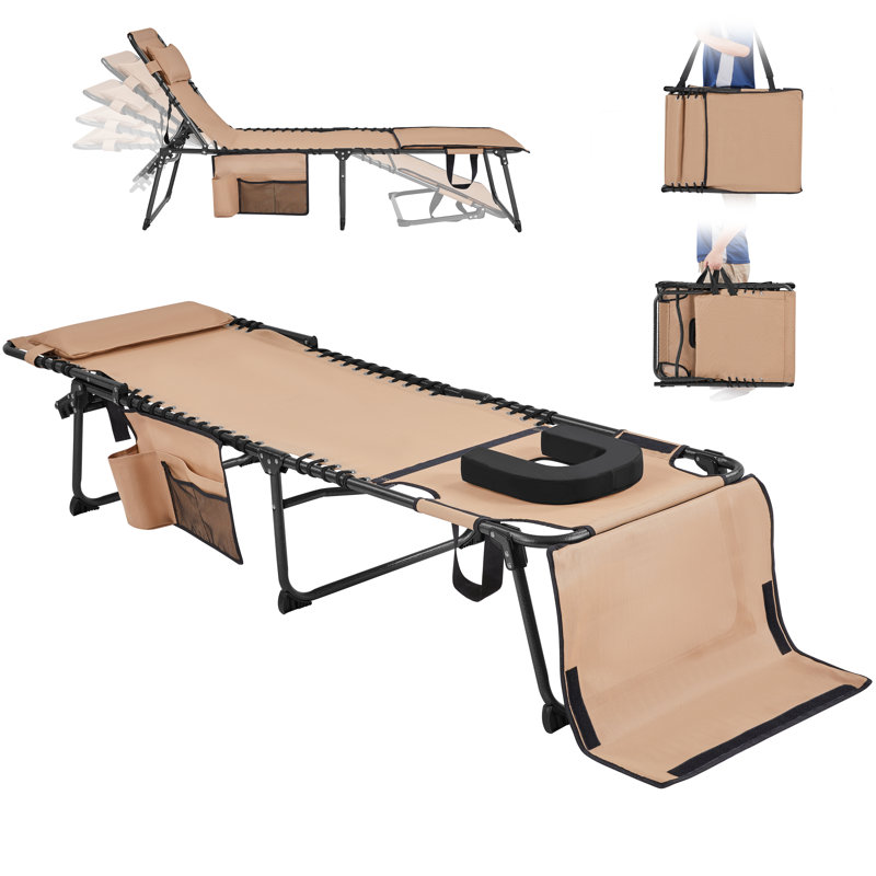 Outdoor Folding Tanning Chair Portable Beach Lounge Chair with Face Hole and Adjustable 5-Position, Beige