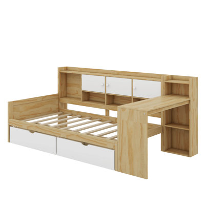 Wooden L-Shape Daybed With Seven Storage Cabinets And Two Storage Drawers, Multi-Functional Bed With Study Desk And Built-In Bookshelf by Latitude Run