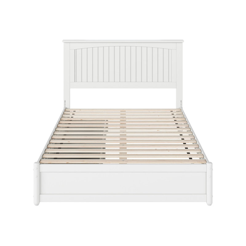 Lit plateforme en bois massif Lamaiyah avec pied de lit et tiroirs de rangement, Double, Blanc