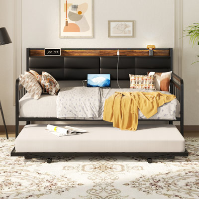 Upholstered Twin Daybed with Trundle and Charging Station