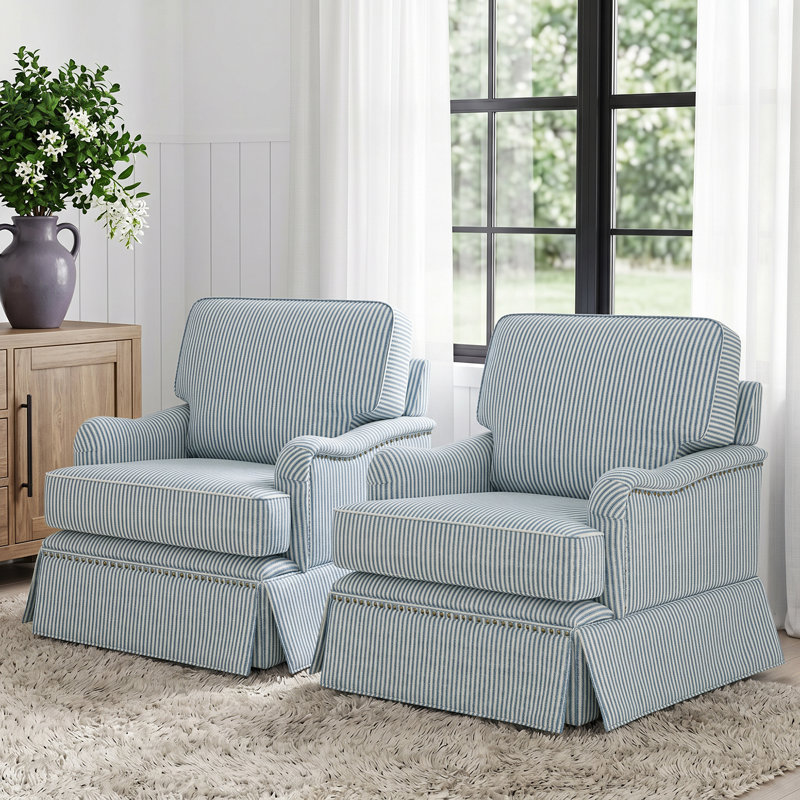 Upholstered Blue Striped Skirted Swivel Accent Arm Chair with Nailhead Trim (Set of 2), 2, No, Pinstripe Blue Cotton Blend
