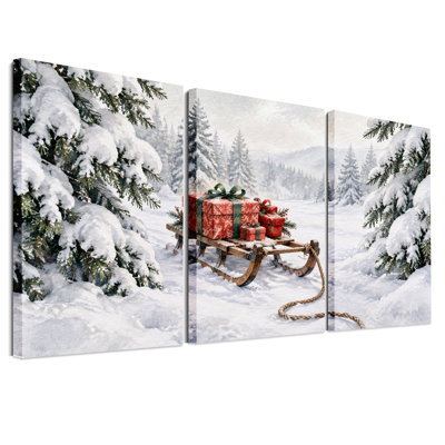 Ensemble de 3 toiles murales représentant un traîneau en bois avec des boîtes cadeaux rouges dans un décor de Noël enneigé