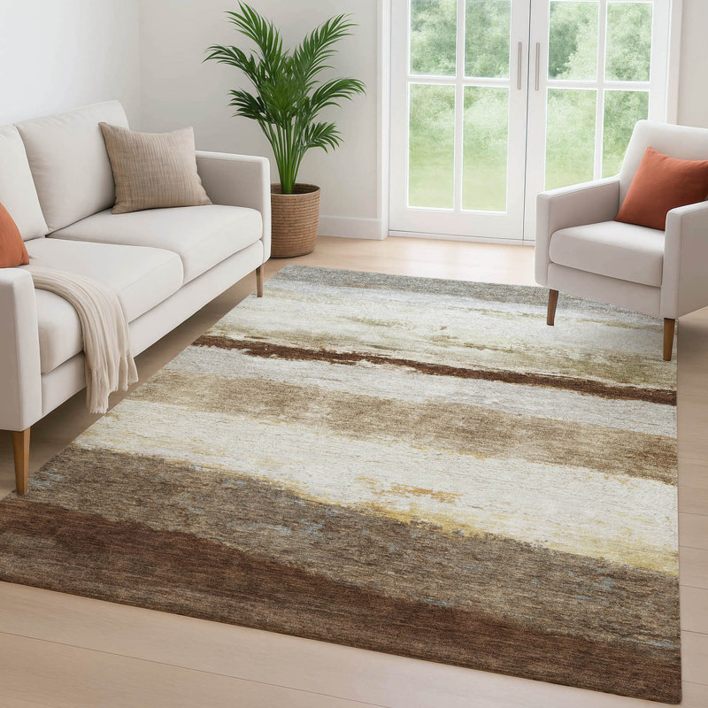 Premium Machine Washable Mayfield Striped Rug, 9' x 12', Brown
