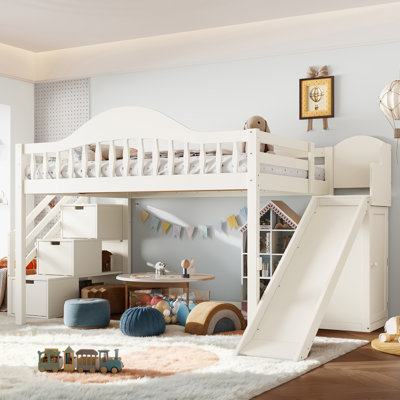 Lit mezzanine double avec glissade, escalier de rangement et garde-robe, cadre de lit mezzanine en bois avec garde-corps pour chambre d'enfant. Beige