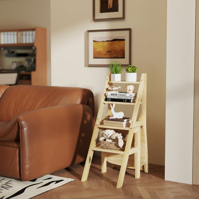 Escabeau en bois naturel convertible 4-en-1, tablette multifonctionnelle et grande échelle pour la maison
