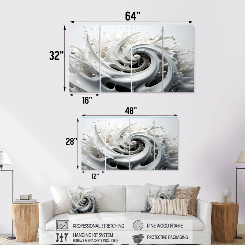 Liquide, tourbillon en noir et blanc II - spirales abstraites, art mural pour le salon, 4 pièces, H 28 po x l 48 po
