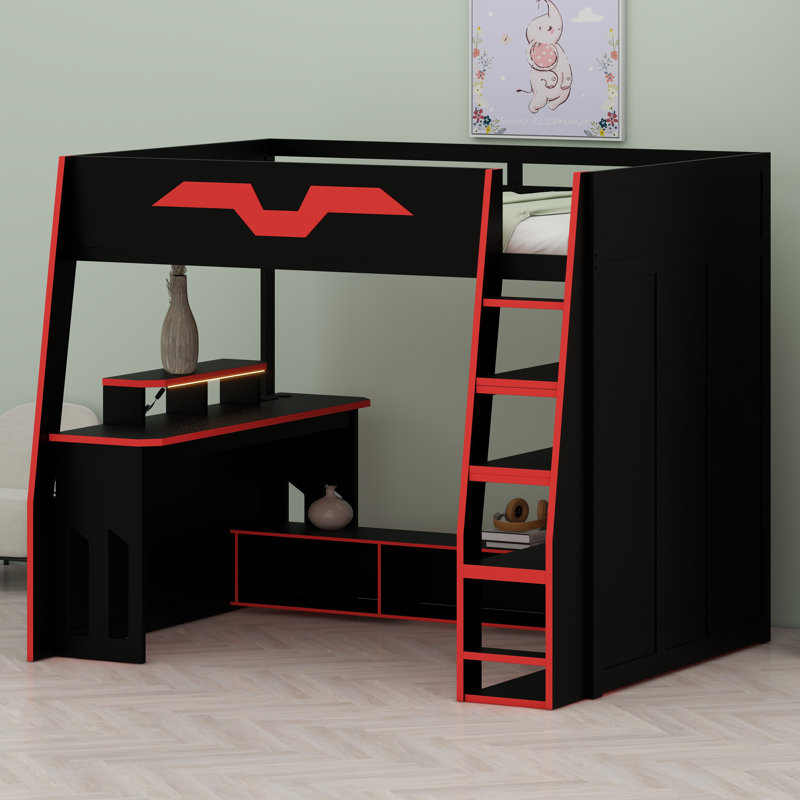 Loft Bed with Desk, Multi-Storage Shelves, RGB Lighting, and Adjustable Table Placement, Red