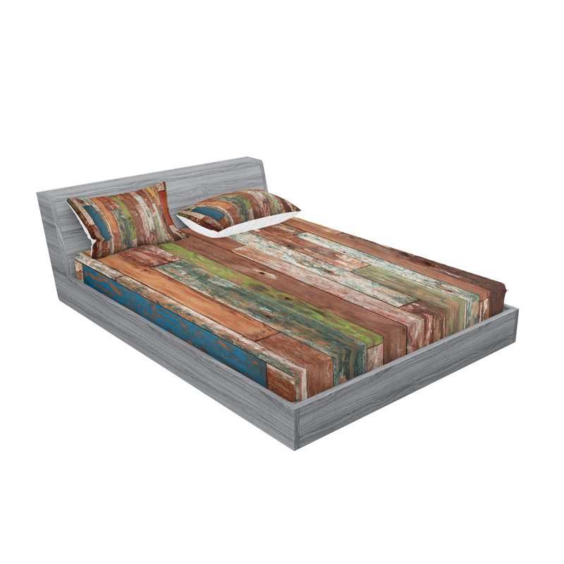 Ambesonne Rustic Fitted Sheet & Pillow Sham  Set,  Multicolor, California King Sheet Set with 4 Pillowcases