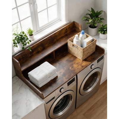 Tablette de buanderie au-dessus de la laveuse et de la sécheuse 54 po x 27,5 po, comptoir en bois robuste avec clôtures de 12 po, table de rangement Farmhouse Decor - finition noyer