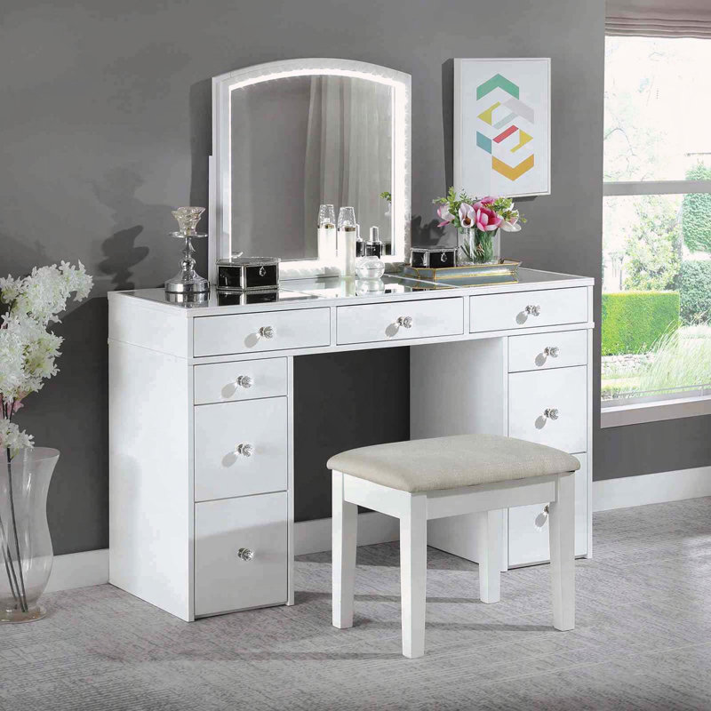Coiffeuse contemporaine avec miroir à DEL et tiroirs de rangement