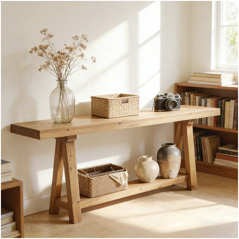 Natural Style Solid Wood Entryway Table with Two-Tier Storage, Farmhouse Design for Versatile Home Use and Durability