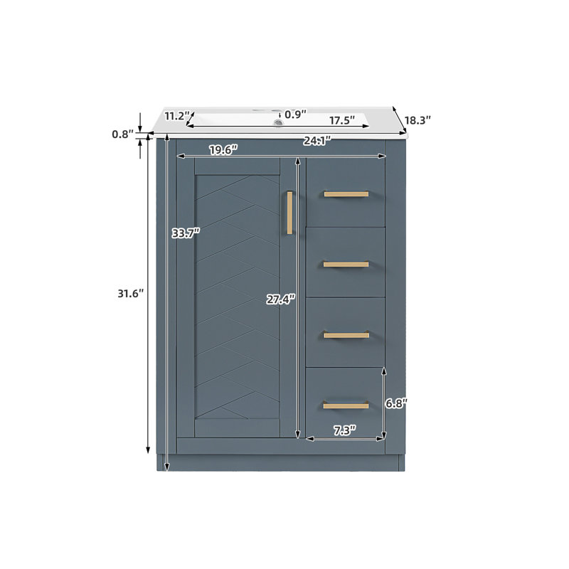Meuble-lavabo simple 24 po avec comptoir en céramique, Bleu
