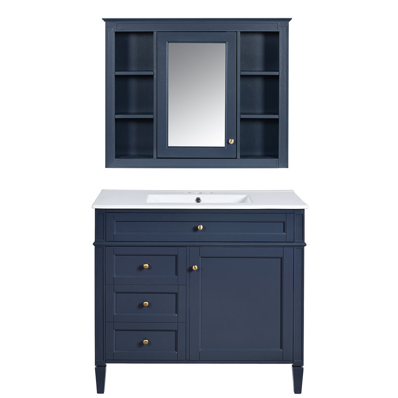 Meuble-lavabo 36 po avec armoire à pharmacie, armoire de rangement moderne avec 2 portes à fermeture douce et 4 tiroirs, meuble-lavabo simple
