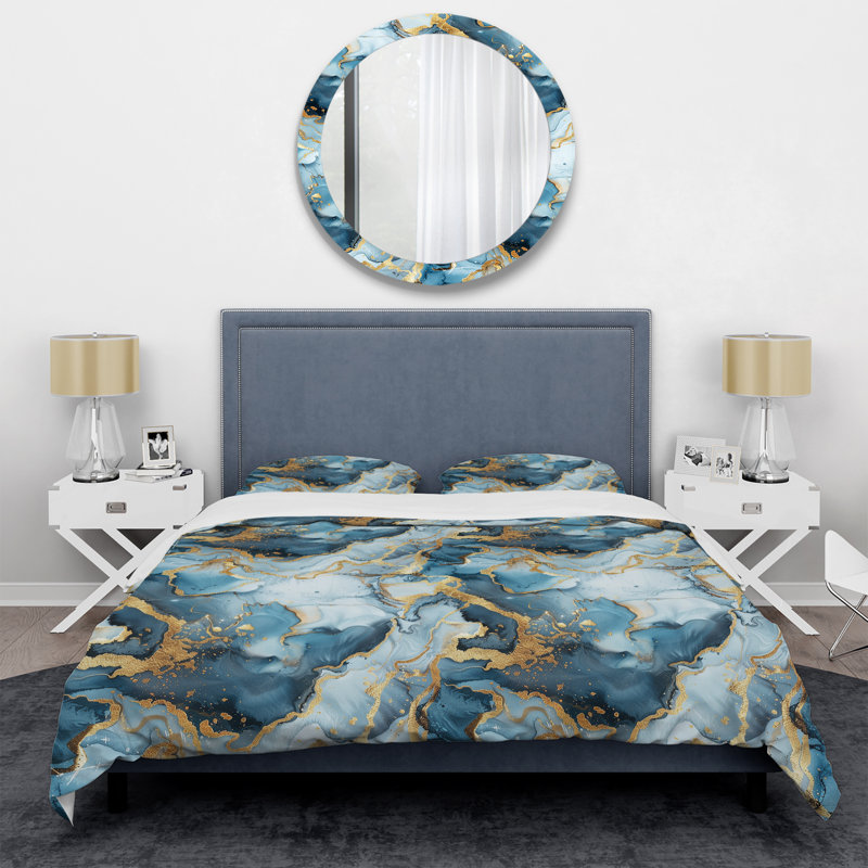 Blue Gold Marble - Ensemble de housse de couette en marbre, Housse de couette très grand + 2 taies décorativ