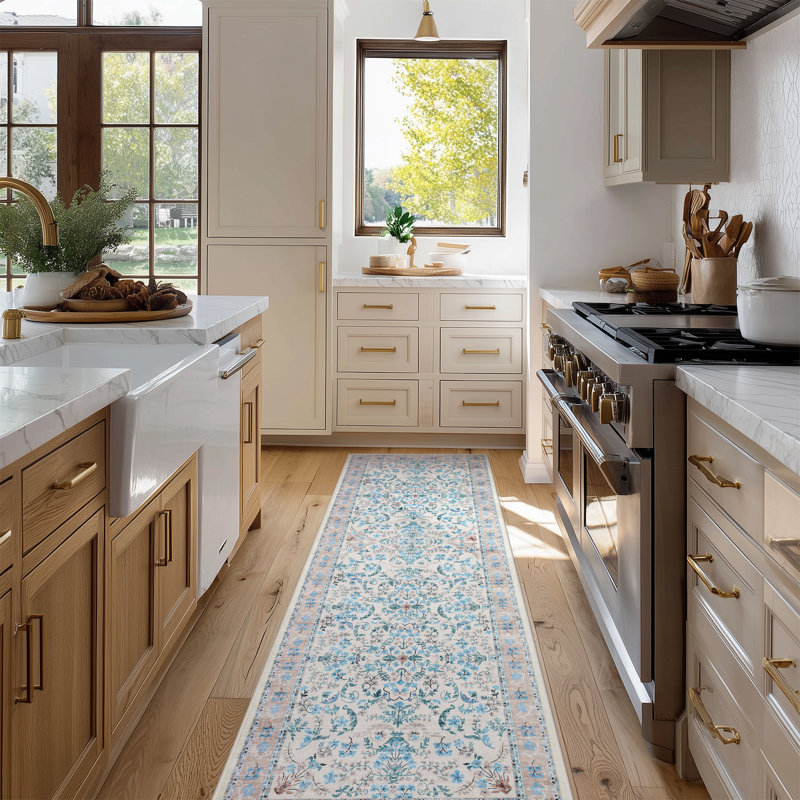 Washable Area Rug, Boho Floral Soft Rugs for Living Room, Non Slip Low Pile Carpet for Bedroom, Dining Room, Nursery, Hallway, Blue